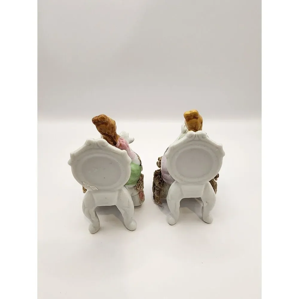 Vintage Porcelain Lace Ladies Figurines Pair Seated Flowers Japan 4 inches